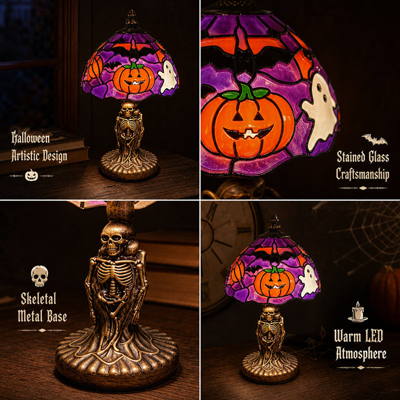 🎃👻 Stained‑Glass Ghost Bat Pumpkin Table Lamp With Skeleton Base