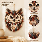 🦉 Patchwork‑Style Owl Wall Hanging, Rustic Woodland Cottage Wall Decor