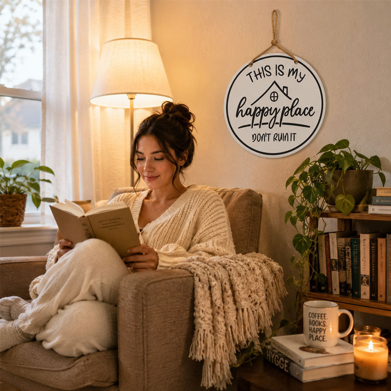 🏡✨Happy Place Round Sign – Farmhouse Garden Decor