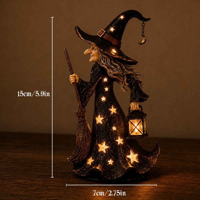 🌙 Glowing Starlight Witch Figurine｜Magical Spooky‑Cute Night Light Decor