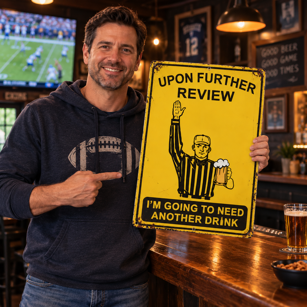 ⚽ "Upon Further Review, One More Drink" Football Referee Sign – Funny Game Day Wall Decor