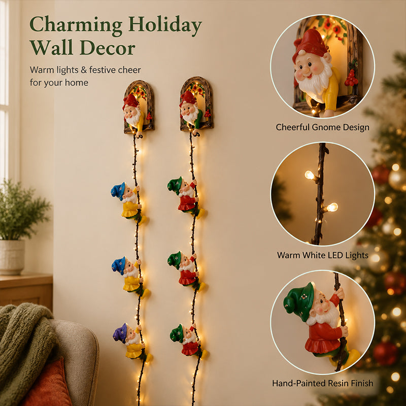 🎄 Handmade Climbing Gnome Christmas String Lights, Indoor Outdoor Wall Hanging Holiday Decor