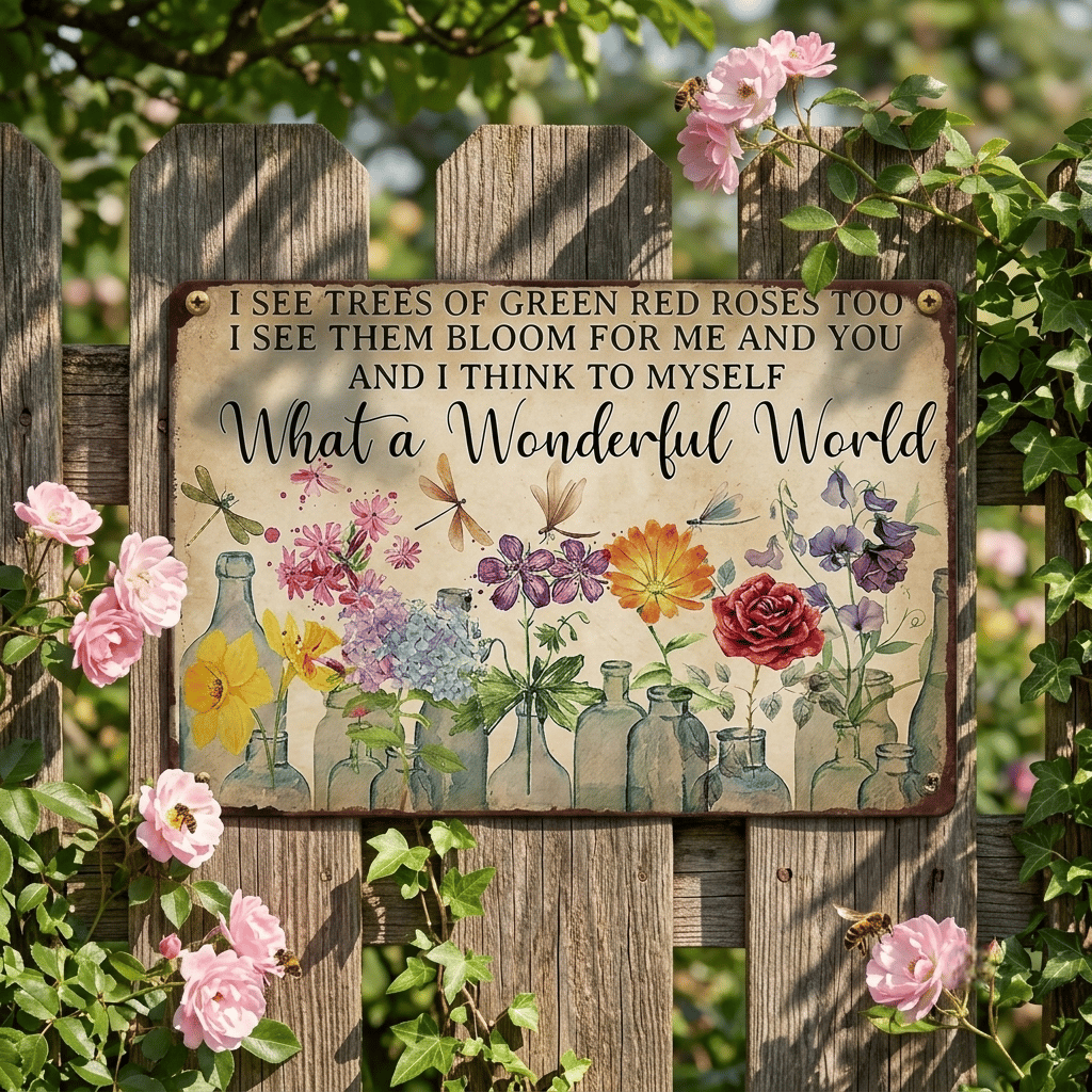 ✨Vintage "What a Wonderful World" Floral & Dragonfly Metal Tin Sign