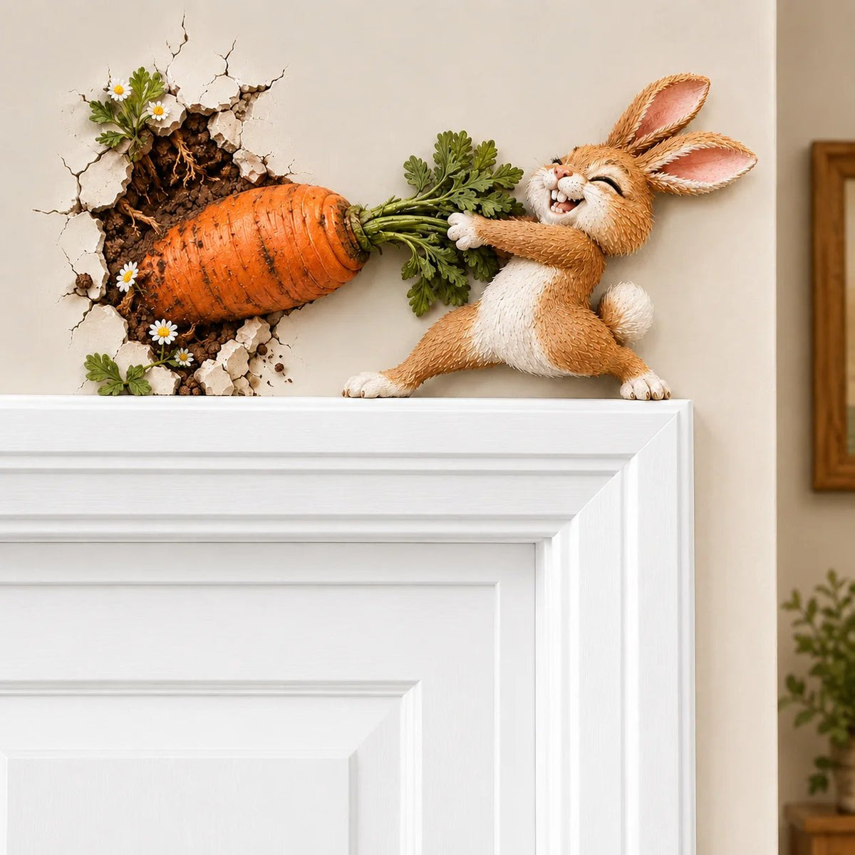 🐰🥕 Funny Bunny Pulling Carrot Wall Decor — 3D Wall-Breakthrough Wooden Spring & Easter Decoration