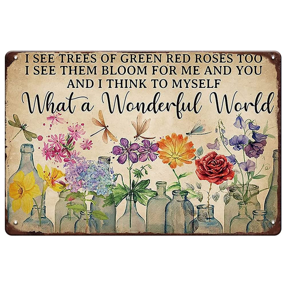✨Vintage "What a Wonderful World" Floral & Dragonfly Metal Tin Sign