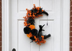 🌙🐈 Handmade Elegant Collectible Black Cat Halloween Wreath, Gothic Spooky Holiday Front Door Decor Gift