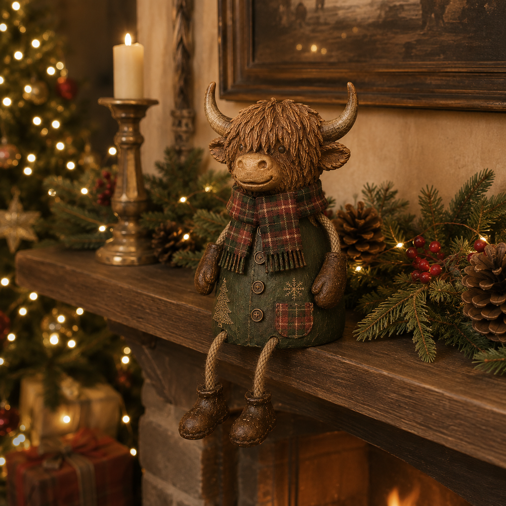 🐮✨Festive Highland Cow Shelf Sitter – Rustic Christmas Home Decor