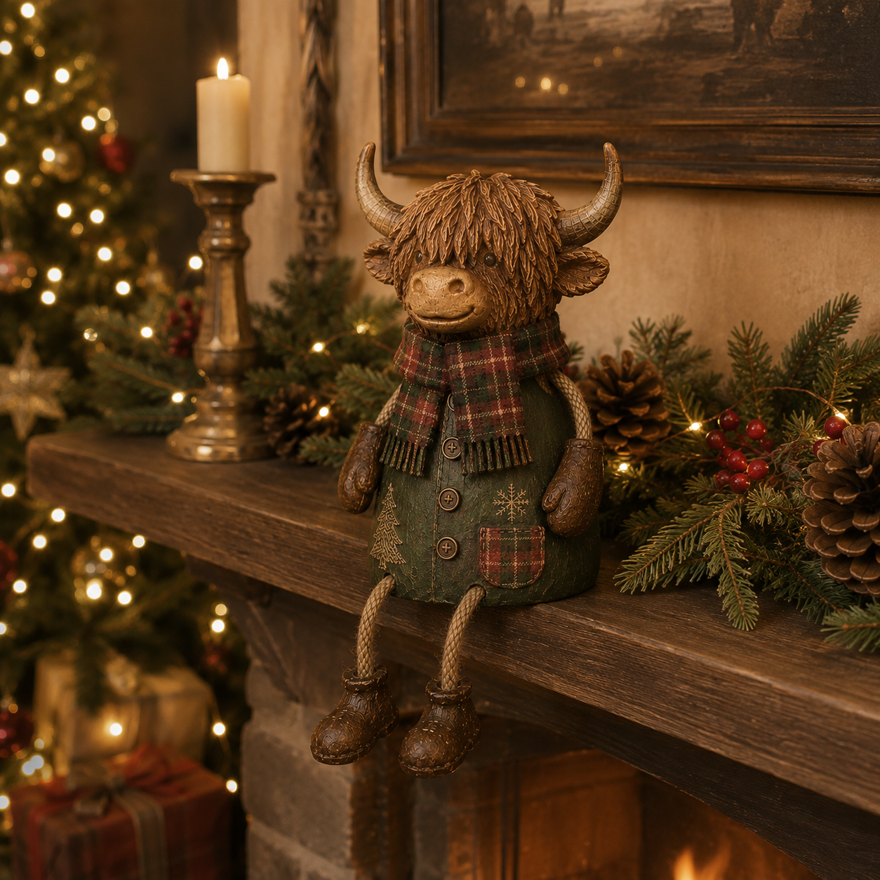 🐮✨Festive Highland Cow Shelf Sitter – Rustic Christmas Home Decor