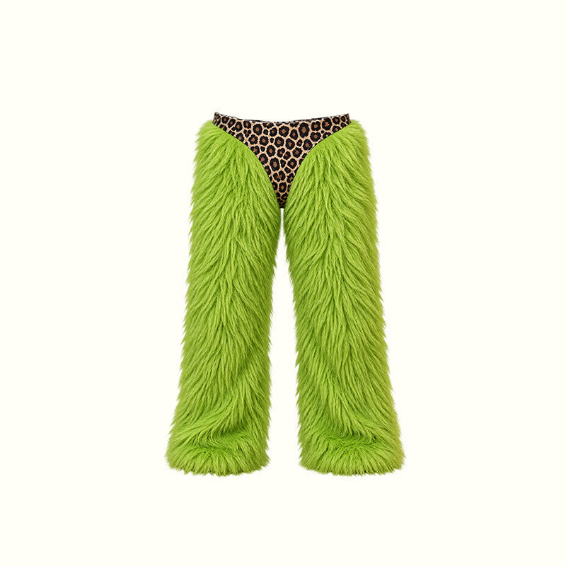 🎄 Festive Green Party Trousers, Eye‑Catching Leopard Triangle Detail For Christmas Costume Events