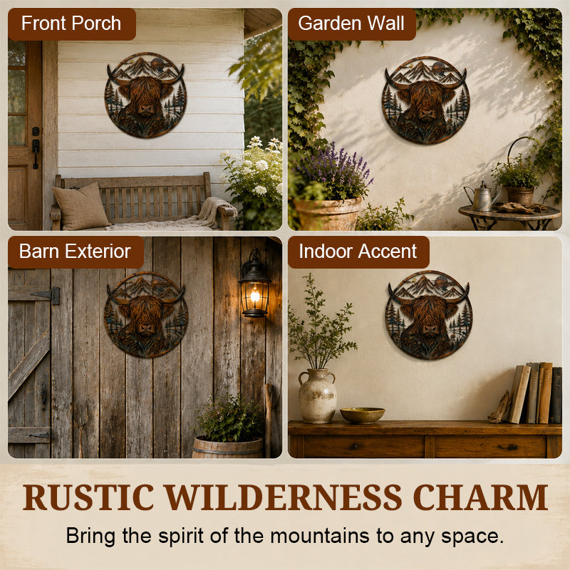 🏔️ Highland Cow Mountain‑Scene Metal Wall Decor – Rustic Open‑Work Farmhouse Art