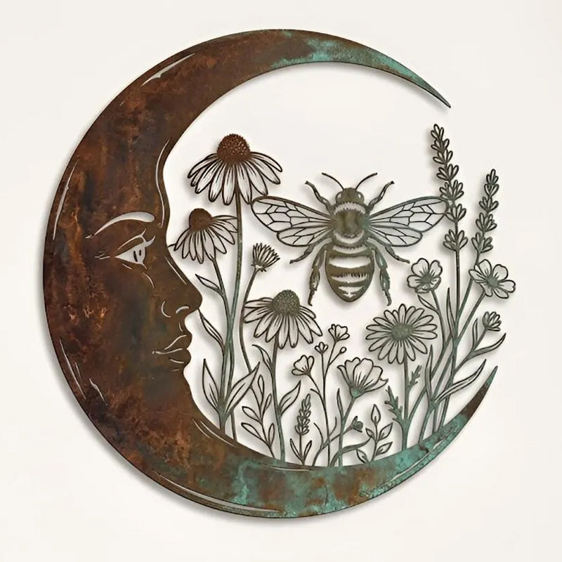 🌙 Vintage Crescent Moon Metal Wall Art, Bee Floral Garden Hanging‑Deco
