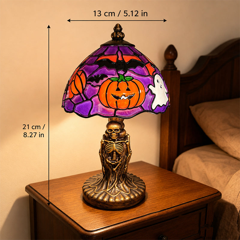 🎃👻 Stained‑Glass Ghost Bat Pumpkin Table Lamp With Skeleton Base