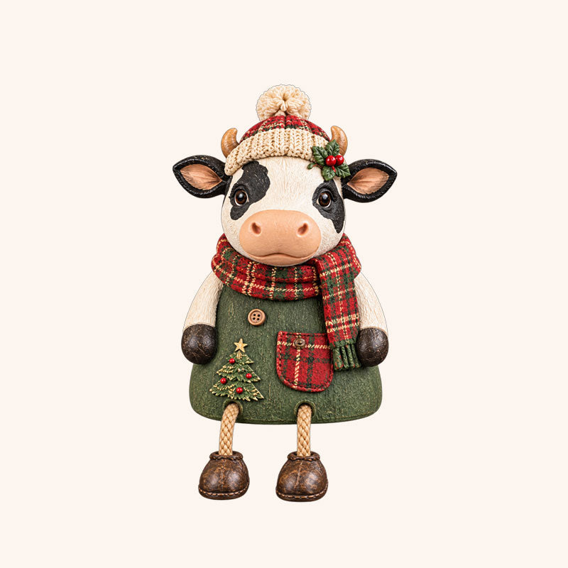 🎄 Christmas Cow Figurine 🐮 Cozy Farmhouse Holiday Shelf Decor