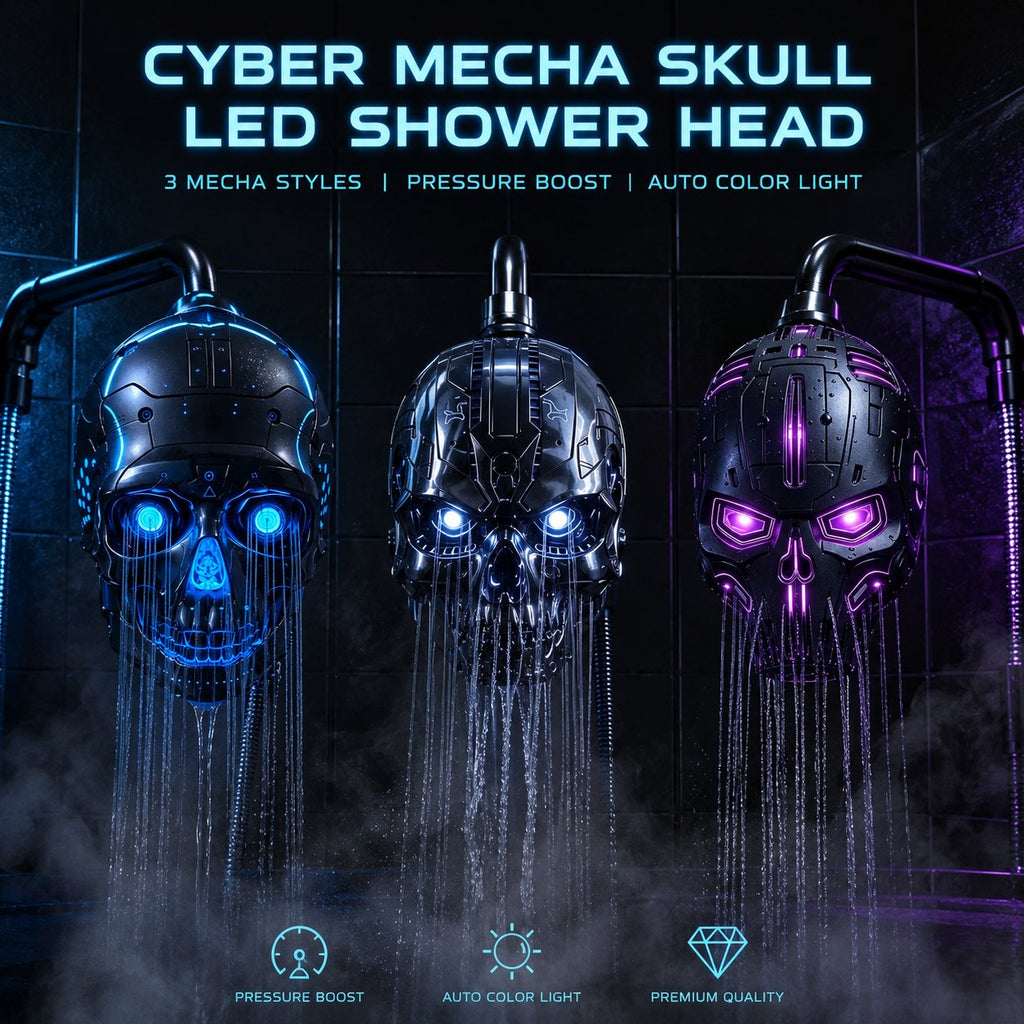 💀Cyber Mecha Skull Color Changing LED Pressure Boost Shower Head