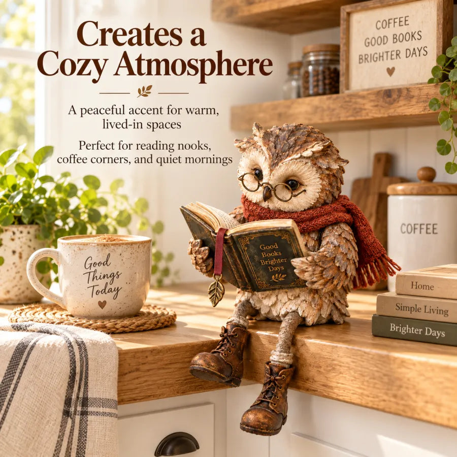 🦉 Reading Owl Figurine – Whimsical Bookish Shelf Sitter With Glasses & Dangling Boots