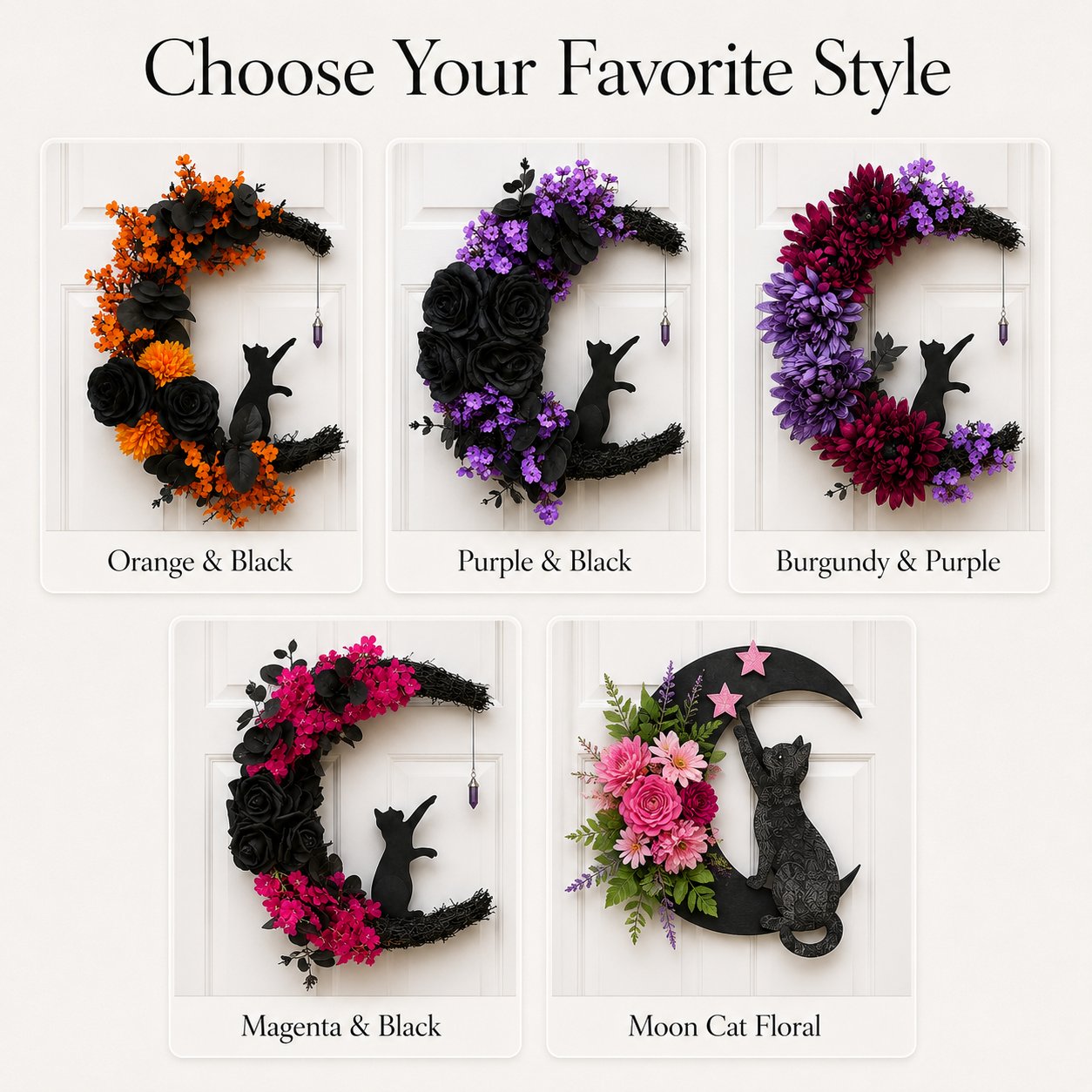🌙🐈 Handmade Elegant Collectible Black Cat Halloween Wreath, Gothic Spooky Holiday Front Door Decor Gift