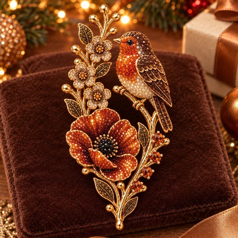 🐦🌺 Robin & Poppy Crystal Brooch | Vintage Nature Vibe