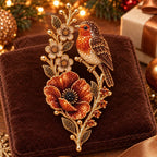 🐦🌺 Robin & Poppy Crystal Brooch | Vintage Nature Vibe