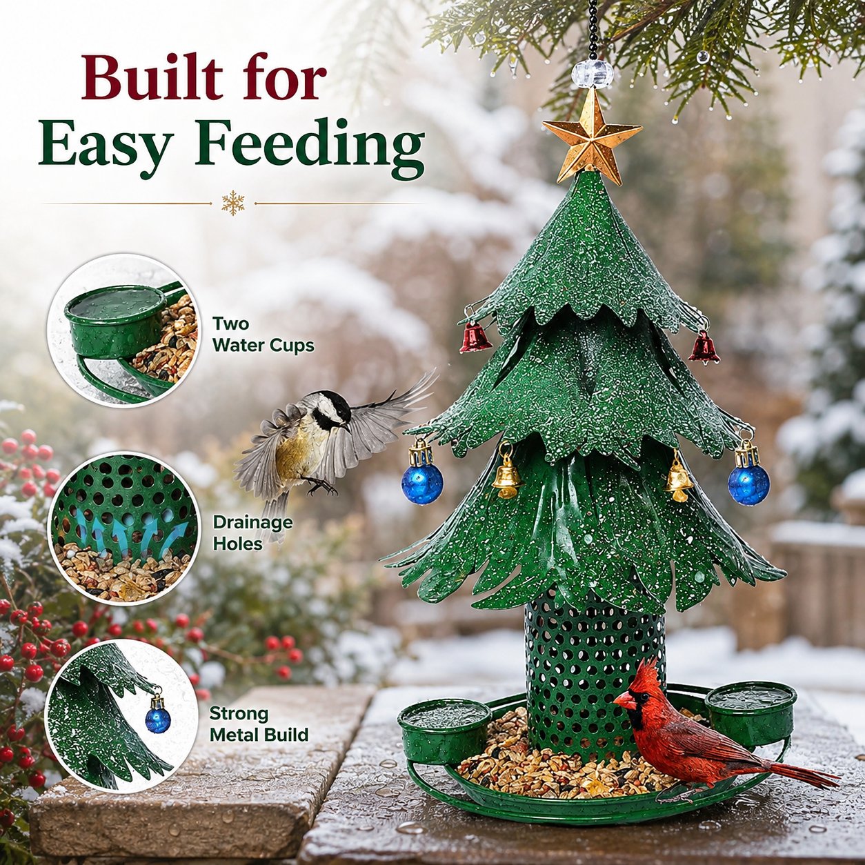 🎄 Star‑Topped Christmas Tree Metal Bird Feeder With Bells & Water Cups