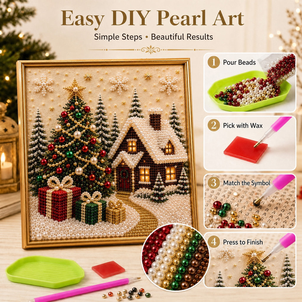 🎄🎅 Premium 3D Pearl Christmas Wall Art Kit | Luxury Flocked Canvas with Scratch-Resistant Non-Fading Pearl Beads DIY Holiday Decor ⛄️❄️