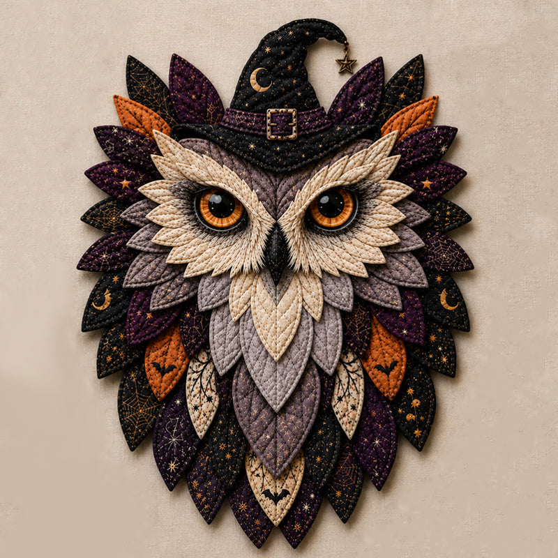 🦉 Patchwork‑Style Owl Wall Hanging, Rustic Woodland Cottage Wall Decor