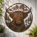 🏔️ Highland Cow Mountain‑Scene Metal Wall Decor – Rustic Open‑Work Farmhouse Art