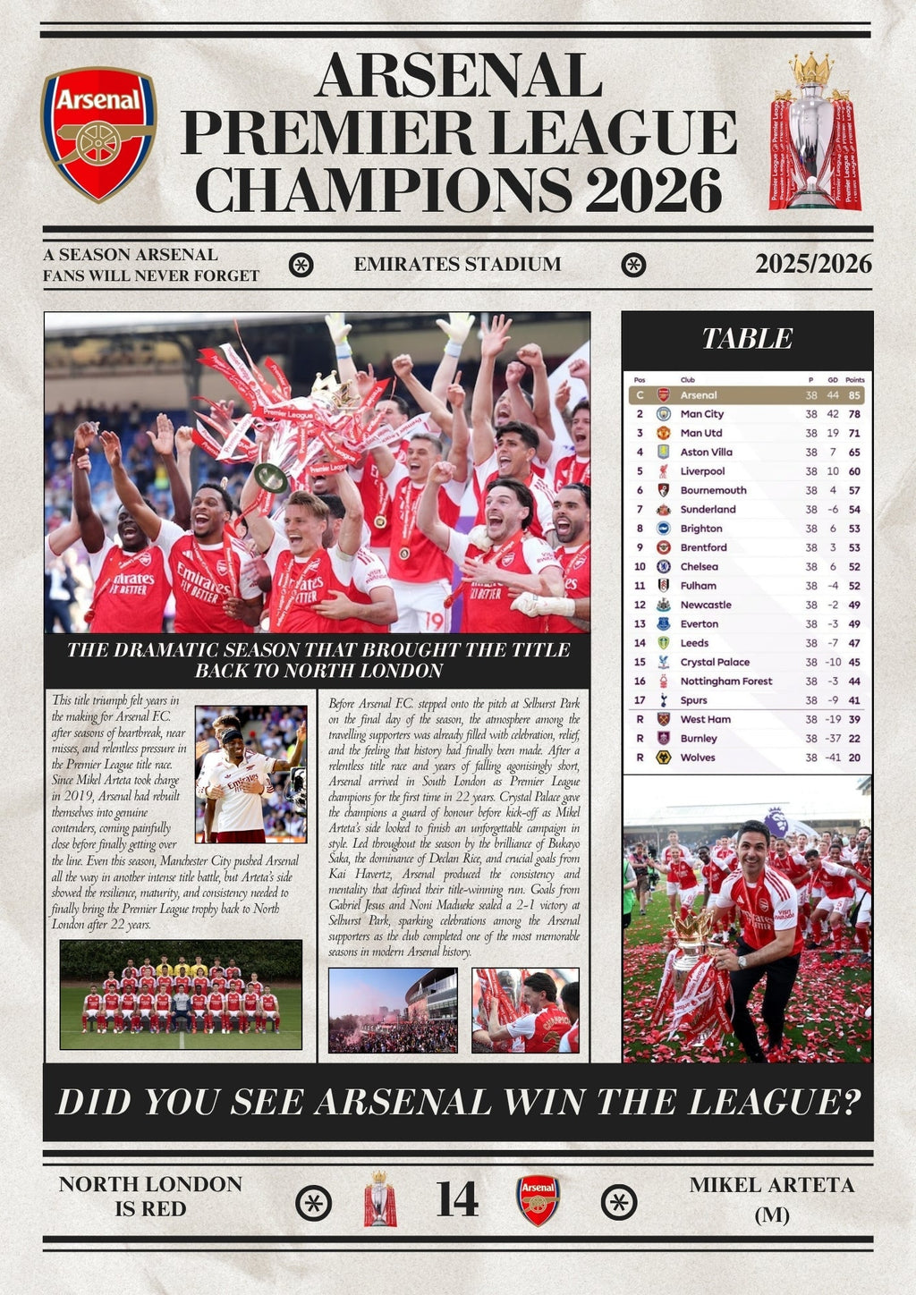 Arsenal Premier League Champions 2026 - Newspaper Style Poster