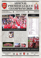 Arsenal Premier League Champions 2026 - Newspaper Style Poster