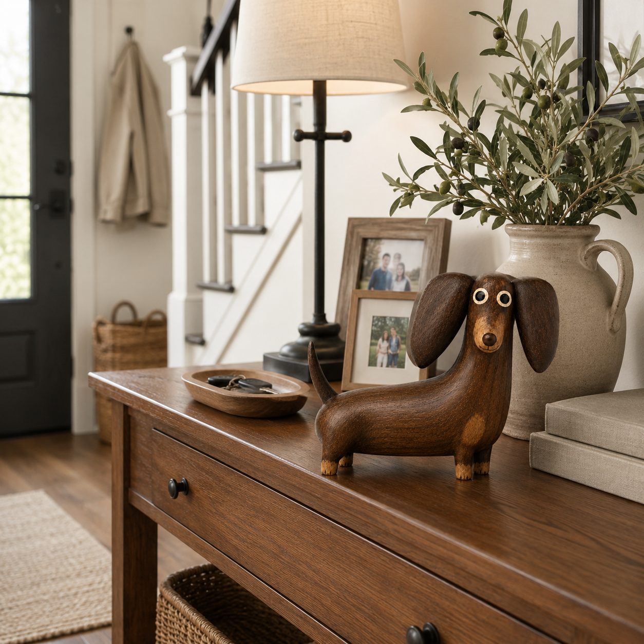 🐶 Wood‑Look Dachshund Sculpture ✨ Warm Walnut‑Tone Tabletop Decor Statue