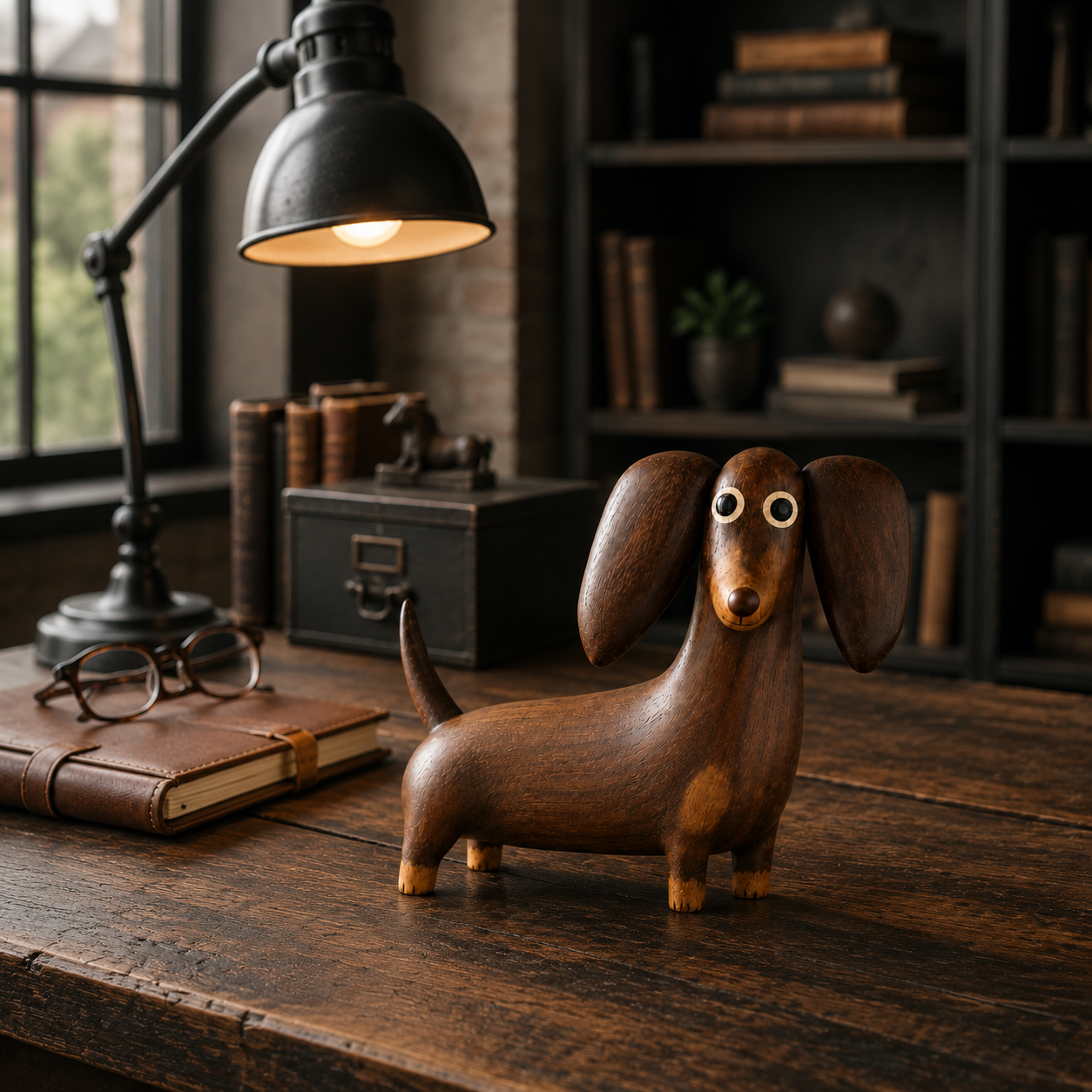 🐶 Wood‑Look Dachshund Sculpture ✨ Warm Walnut‑Tone Tabletop Decor Statue