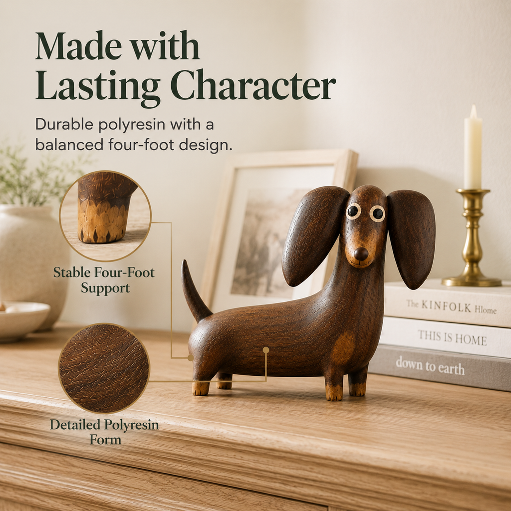 🐶 Wood‑Look Dachshund Sculpture ✨ Warm Walnut‑Tone Tabletop Decor Statue