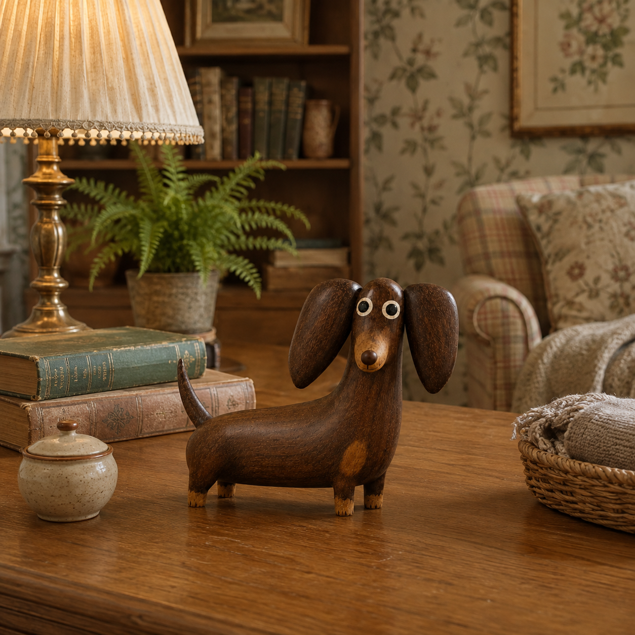 🐶 Wood‑Look Dachshund Sculpture ✨ Warm Walnut‑Tone Tabletop Decor Statue