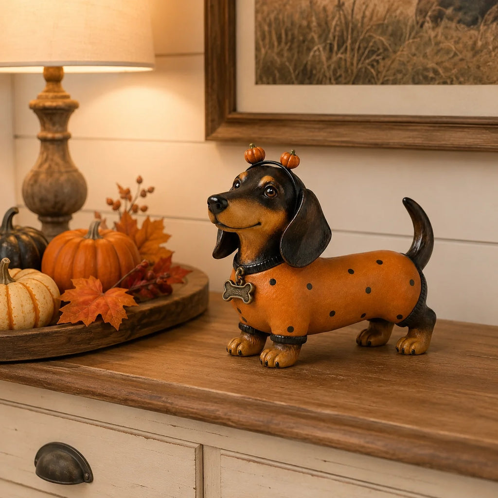 🐶 Spooky‑Cute Dachshund Pumpkin Figurine for Fall Halloween Decor