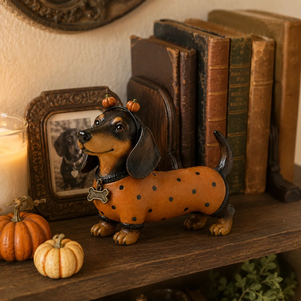 🐶 Spooky‑Cute Dachshund Pumpkin Figurine for Fall Halloween Decor