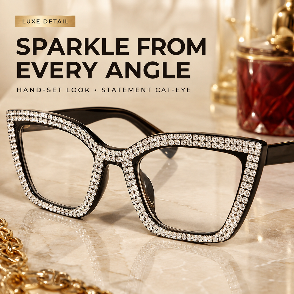 ✨ Sparkling Rhinestone Cat‑Eye Eyewear | Blue‑Light Filter Fashion Readers