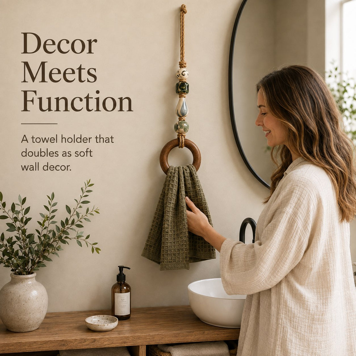🧺 Beaded Wooden‑Ring Towel Hanger ✨ Boho‑Style Functional Wall Accent