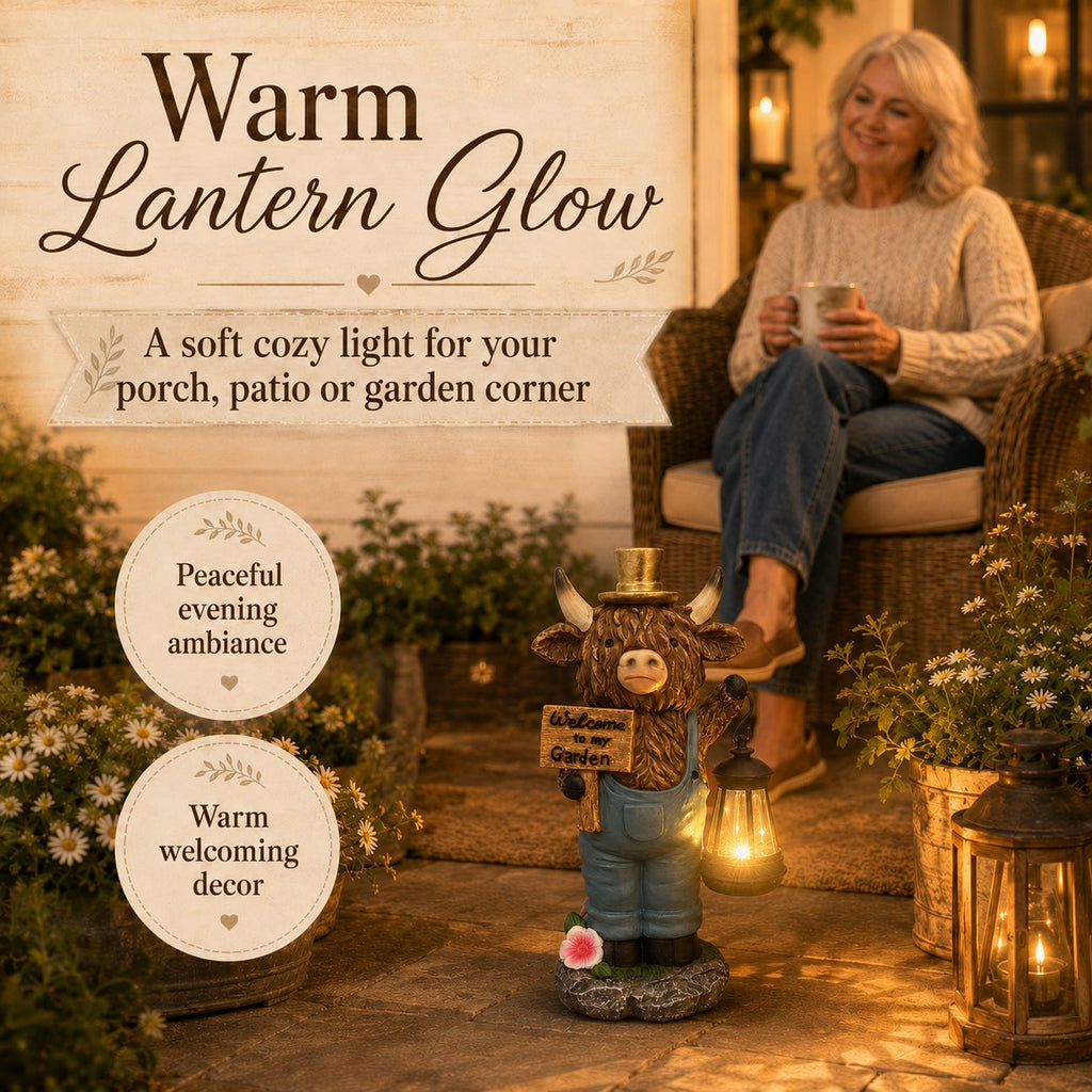 🐄 Highland Cow Solar Garden Statue ✨ Warm‑Glow Farmhouse Lantern Decor