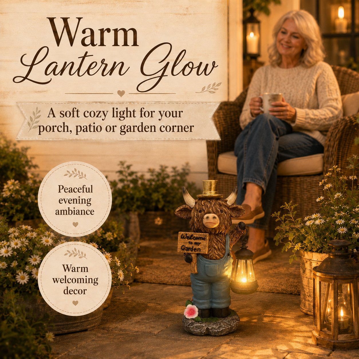 🐄 Highland Cow Solar Garden Statue ✨ Warm‑Glow Farmhouse Lantern Decor