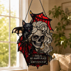 🦇💀Gothic Skull & Bat “My Happy Place” Hanging Art — Mood-Responsive Hair Effect Wall Decor✨