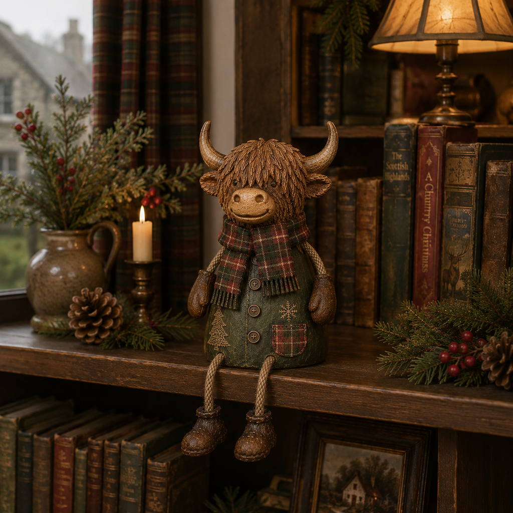 🐮✨Festive Highland Cow Shelf Sitter – Rustic Christmas Home Decor