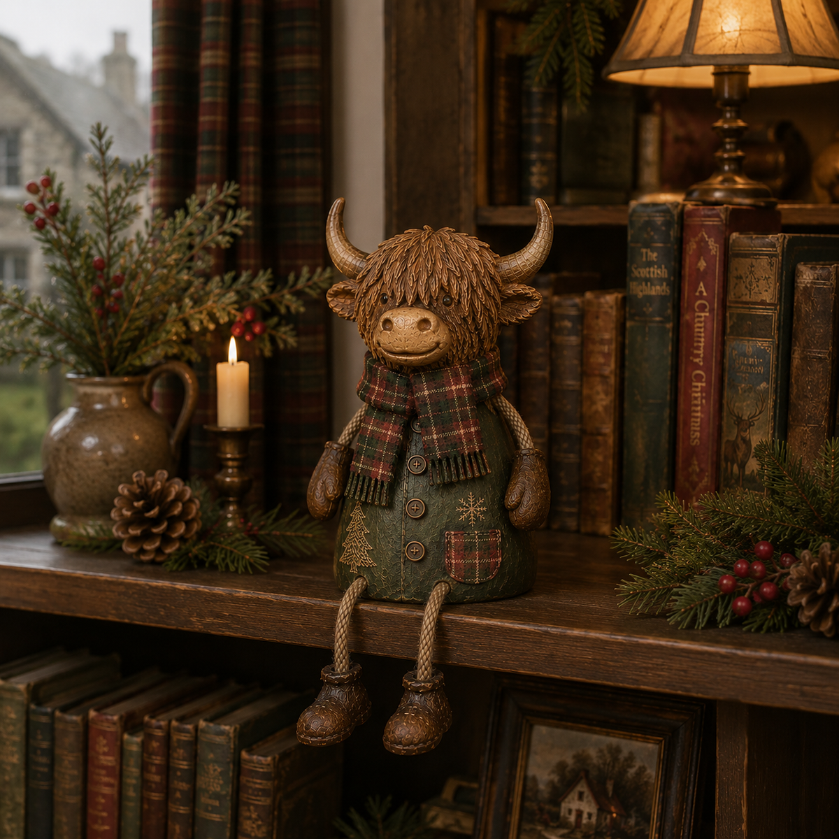 🐮✨Festive Highland Cow Shelf Sitter – Rustic Christmas Home Decor