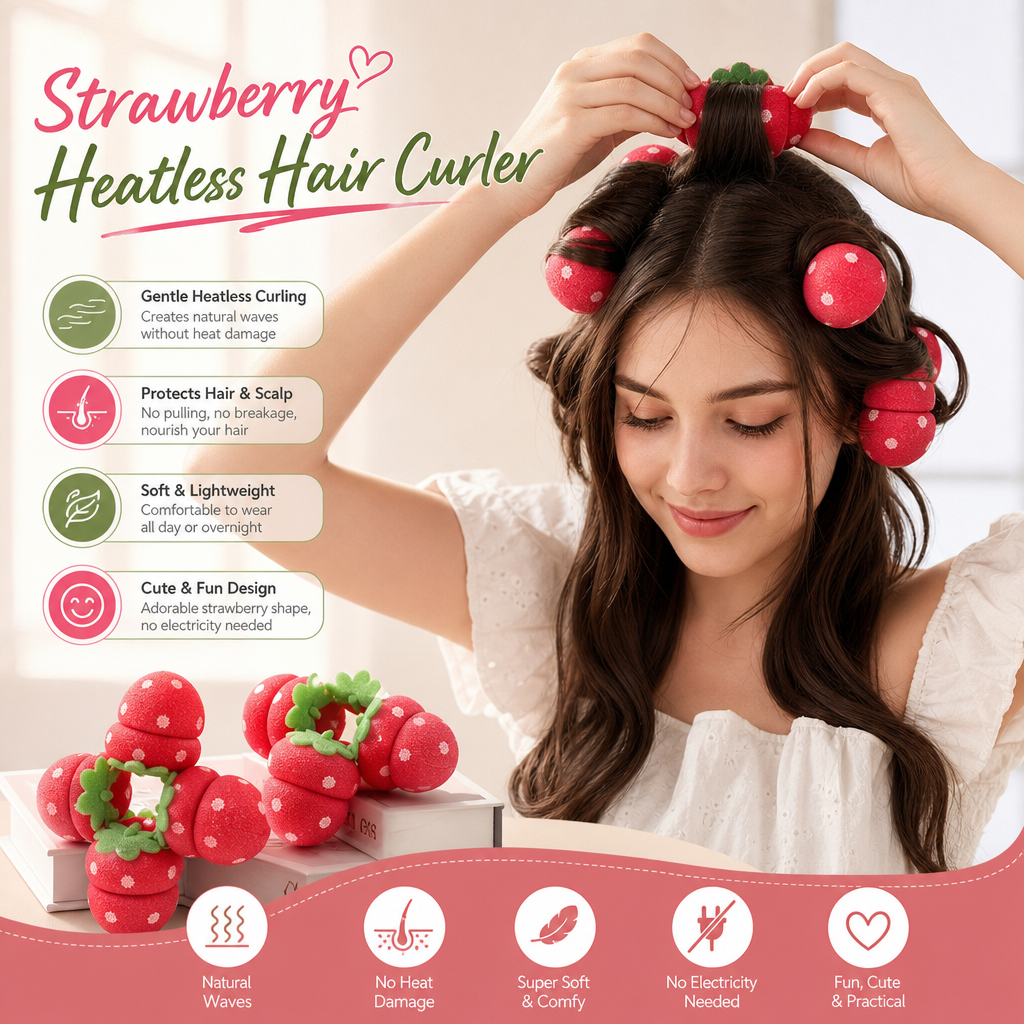 ⏳LAST DAY SPECIAL PRICE: ￡7.99!!🍓Strawberry Sponge Hair Curlers – Soft Heatless Curling Balls