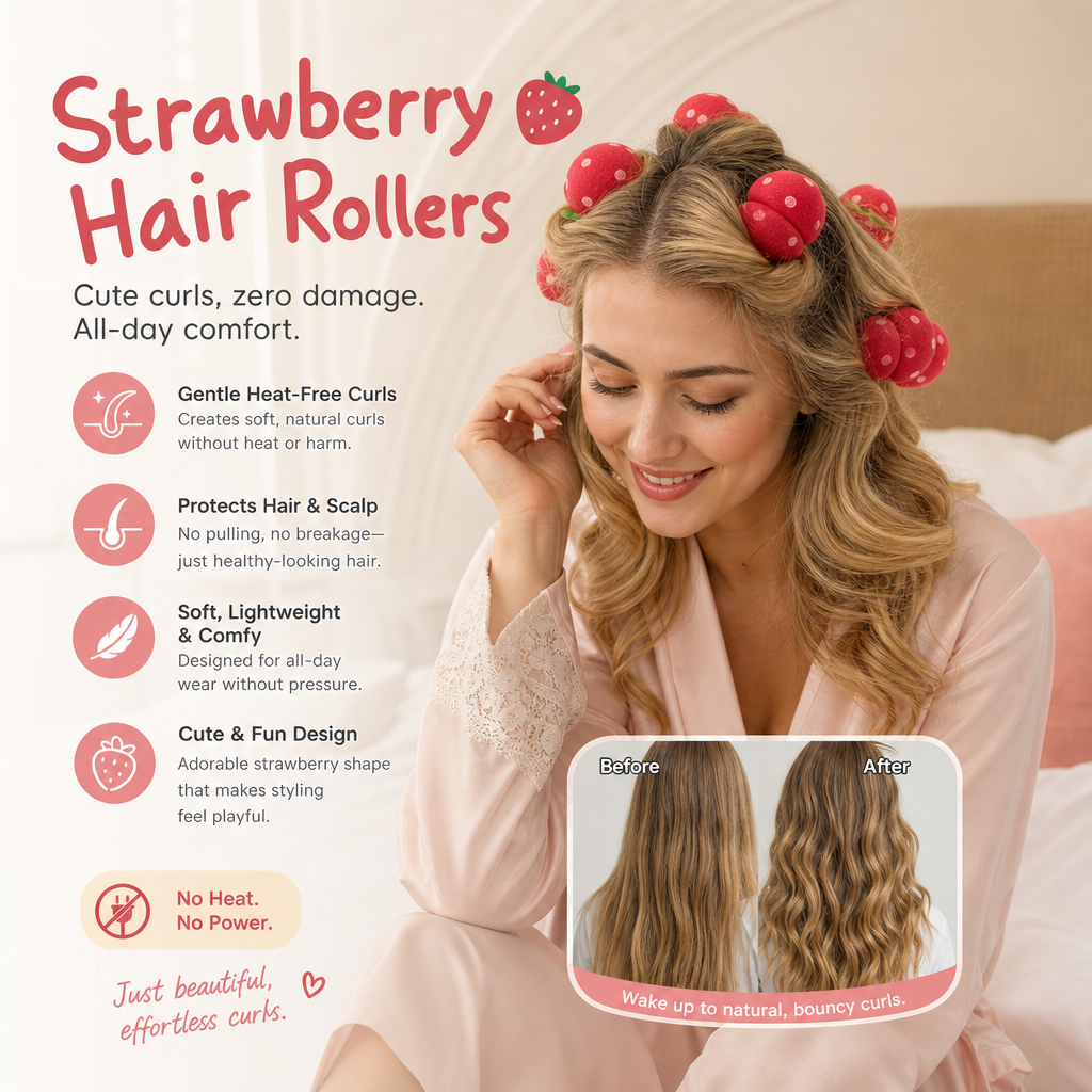 ⏳LAST DAY SPECIAL PRICE: ￡7.99!!🍓Strawberry Sponge Hair Curlers – Soft Heatless Curling Balls