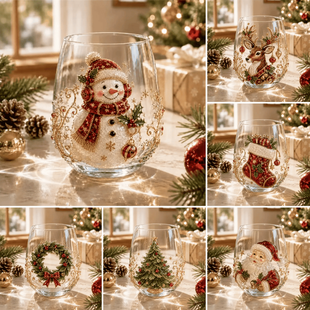 🎄✨ 3D Christmas Glass Art Cup | Luxury Raised Holiday Glassware for Drinks, Decor & Christmas Gifts 🎁