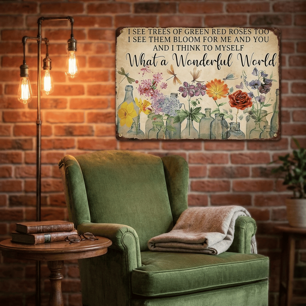 ✨Vintage "What a Wonderful World" Floral & Dragonfly Metal Tin Sign