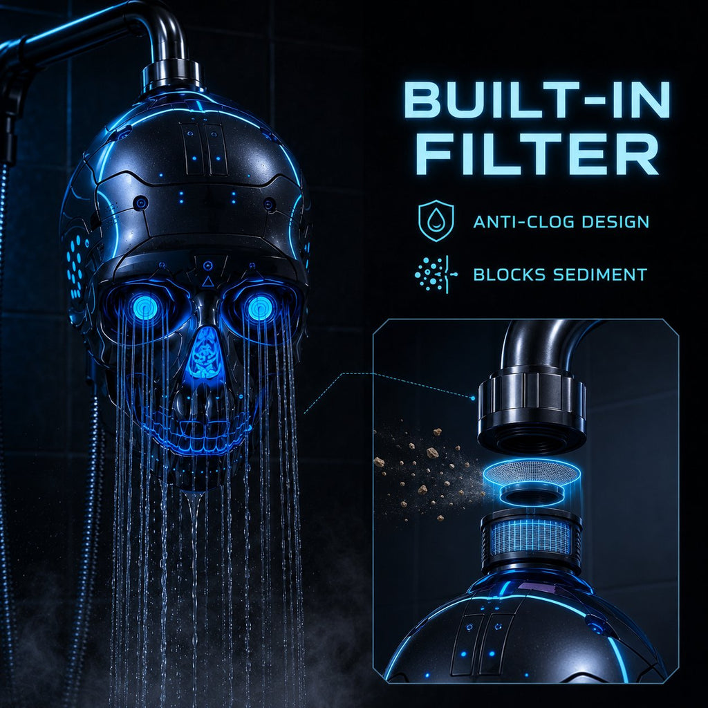 💀Cyber Mecha Skull Color Changing LED Pressure Boost Shower Head