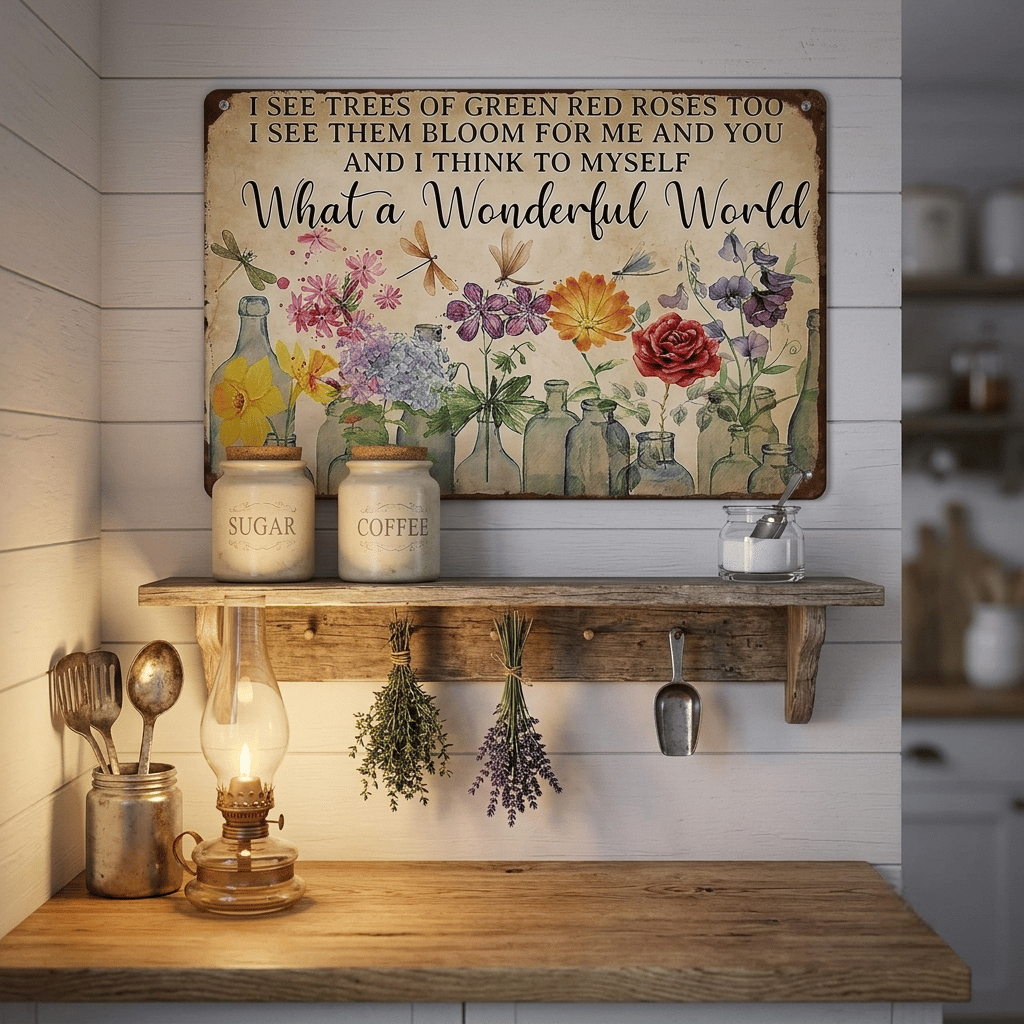 ✨Vintage "What a Wonderful World" Floral & Dragonfly Metal Tin Sign