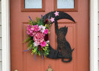 🌙🐈 Handmade Elegant Collectible Black Cat Halloween Wreath, Gothic Spooky Holiday Front Door Decor Gift
