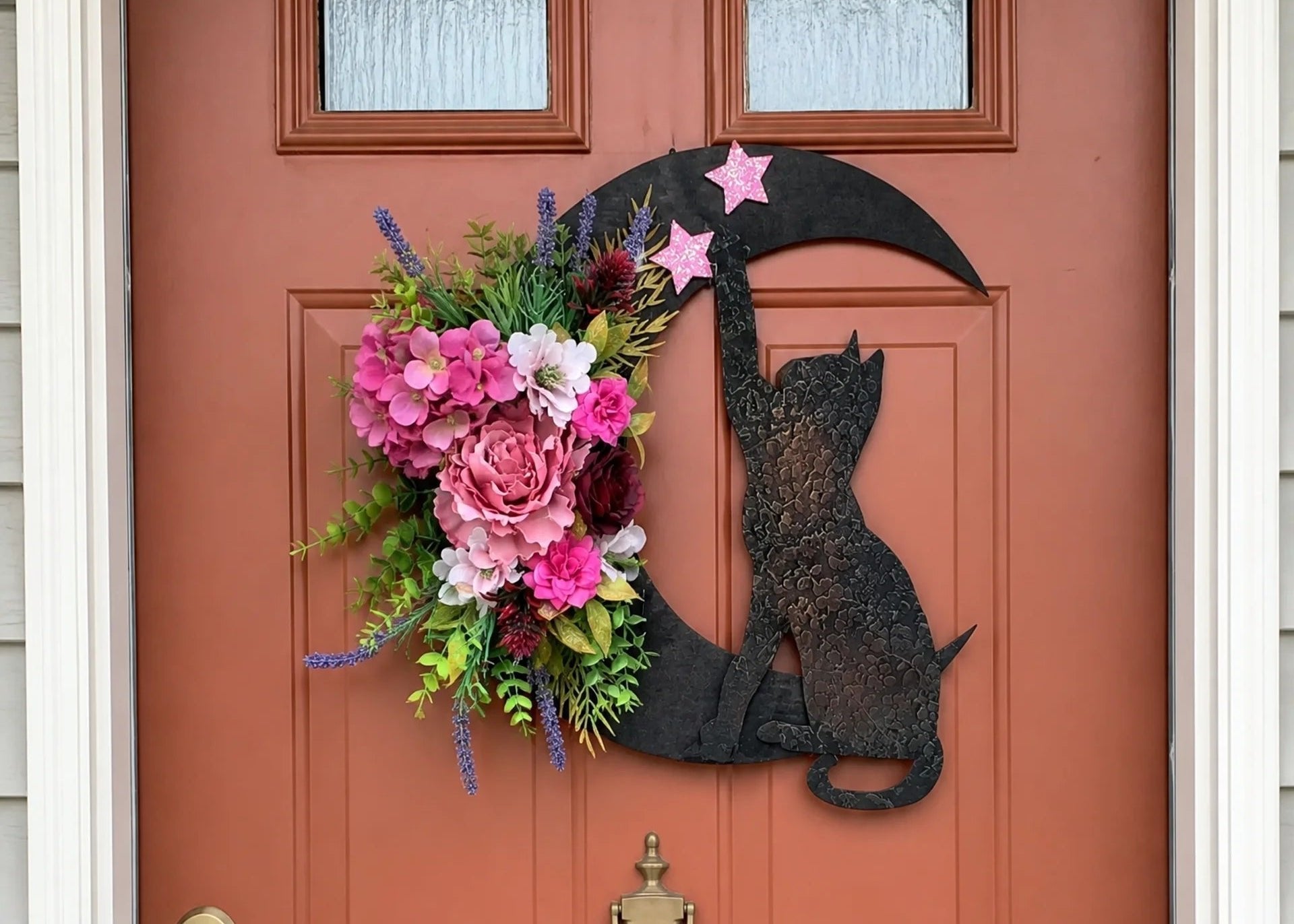 🌙🐈 Handmade Elegant Collectible Black Cat Halloween Wreath, Gothic Spooky Holiday Front Door Decor Gift