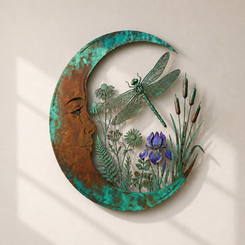 🌙 Vintage Crescent Moon Metal Wall Art, Bee Floral Garden Hanging‑Deco
